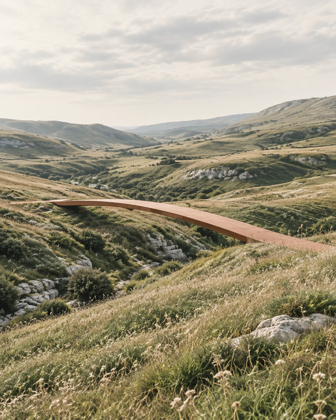 A slender terracotta bridge connects quiet sage-green hills beneath an open, pale sky.